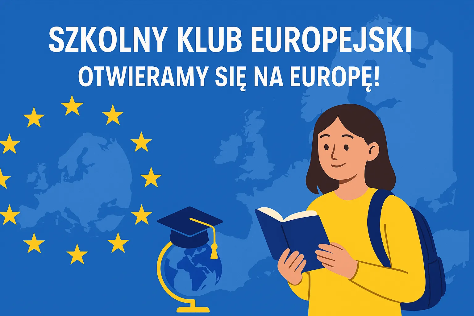 Grafika przedstawiająca dziewczynkę z książką, w tle Europa i hasło Szkolny Klub Europejski - Otwieramy się na Europę.