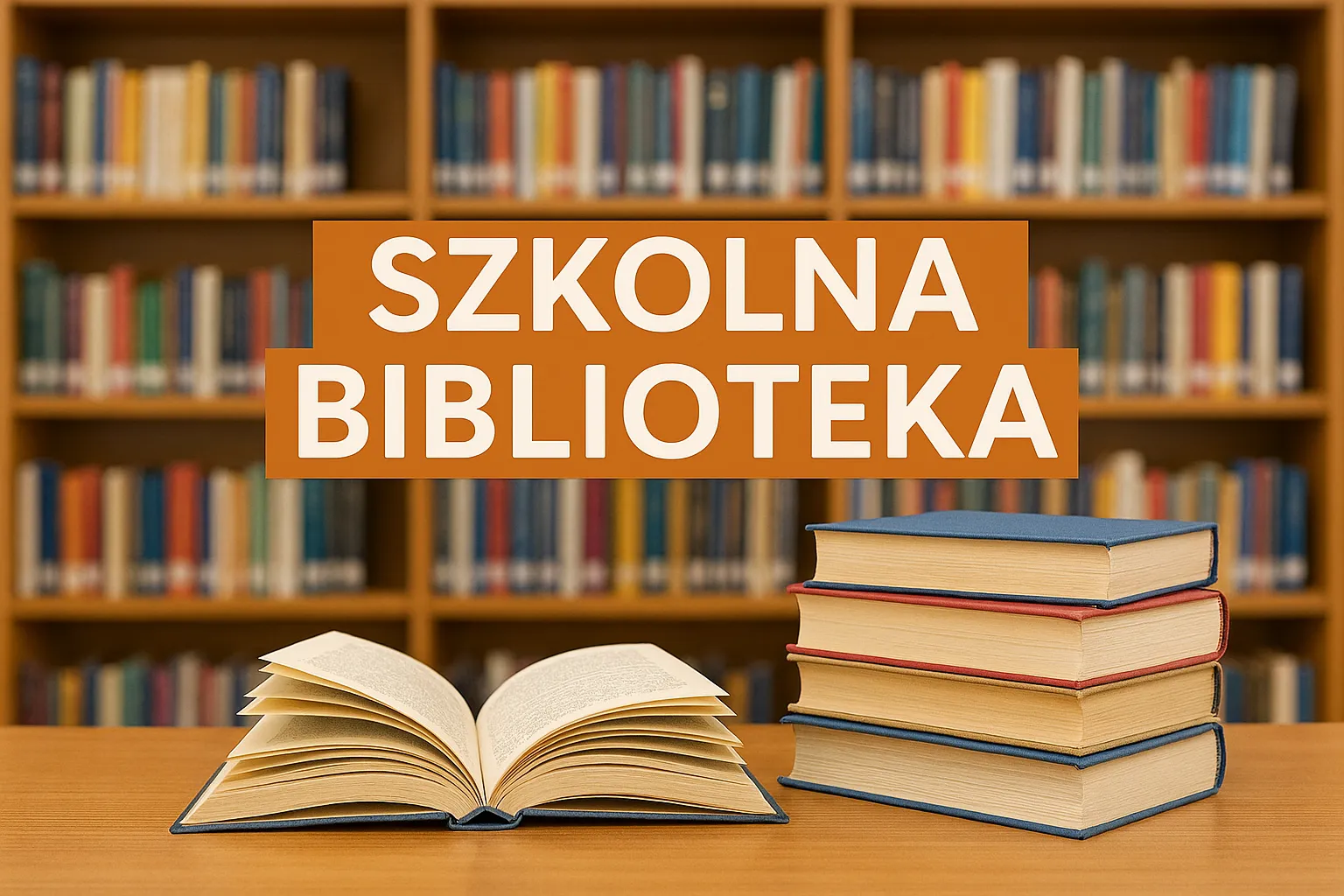 Napis szkolna biblioteka na tle książek.